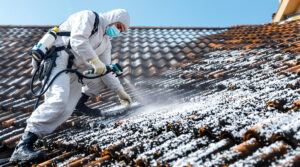 service professionnel de désinfection et nettoyage des toitures contaminées par des excréments d'oiseaux, assurant une protection durable et un environnement sain.