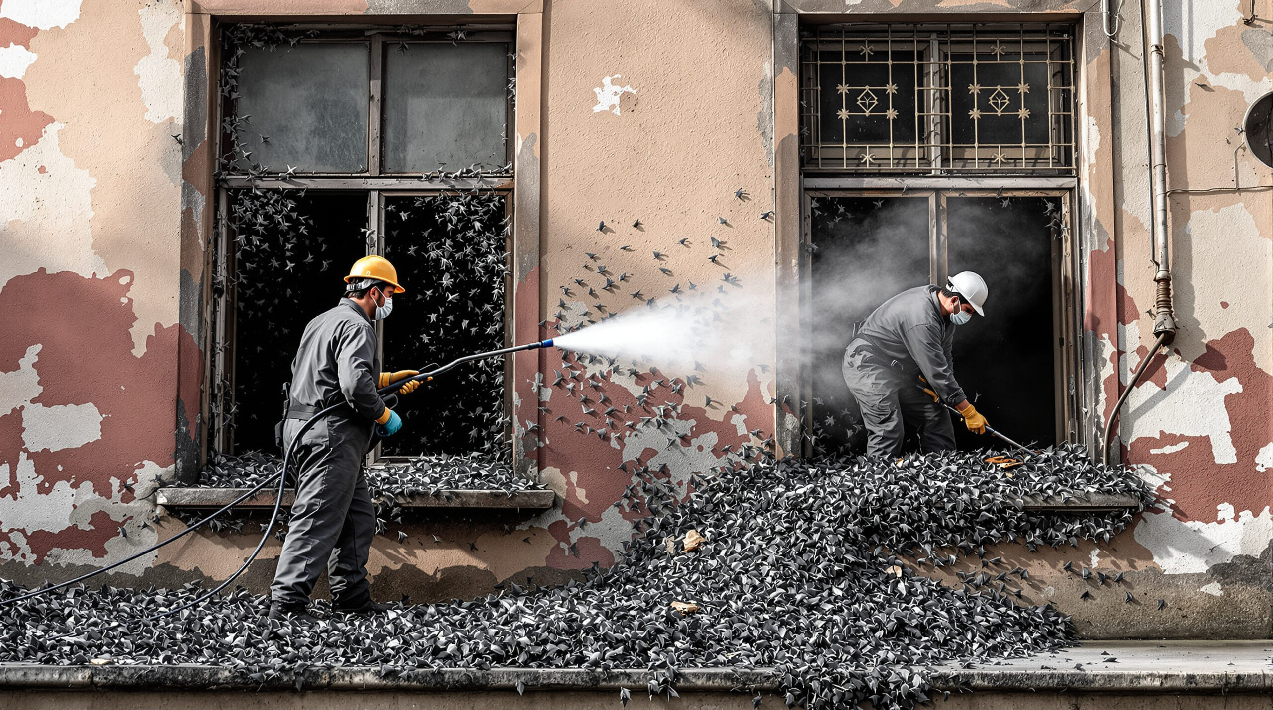 service professionnel de nettoyage de bâtiments insalubres contaminés par des fientes d’oiseaux, assurant hygiène et sécurité optimales.