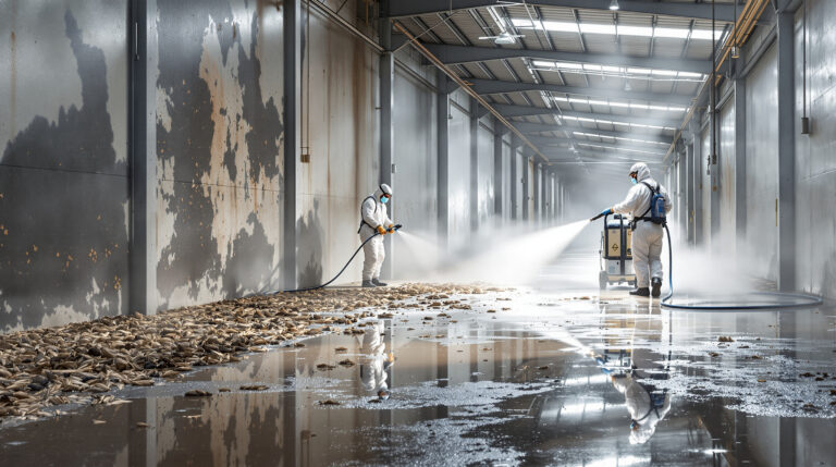 service professionnel de nettoyage profond et désinfection complète après infestation de volatiles pour assurer un environnement sain et sécurisé.