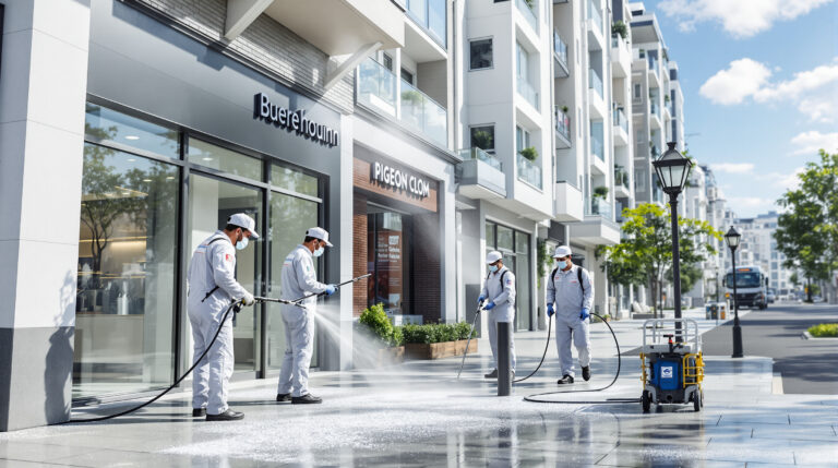 service professionnel de nettoyage anti-fientes de pigeons dédié aux copropriétés et commerces, garantissant propreté et hygiène optimale de vos espaces extérieurs.