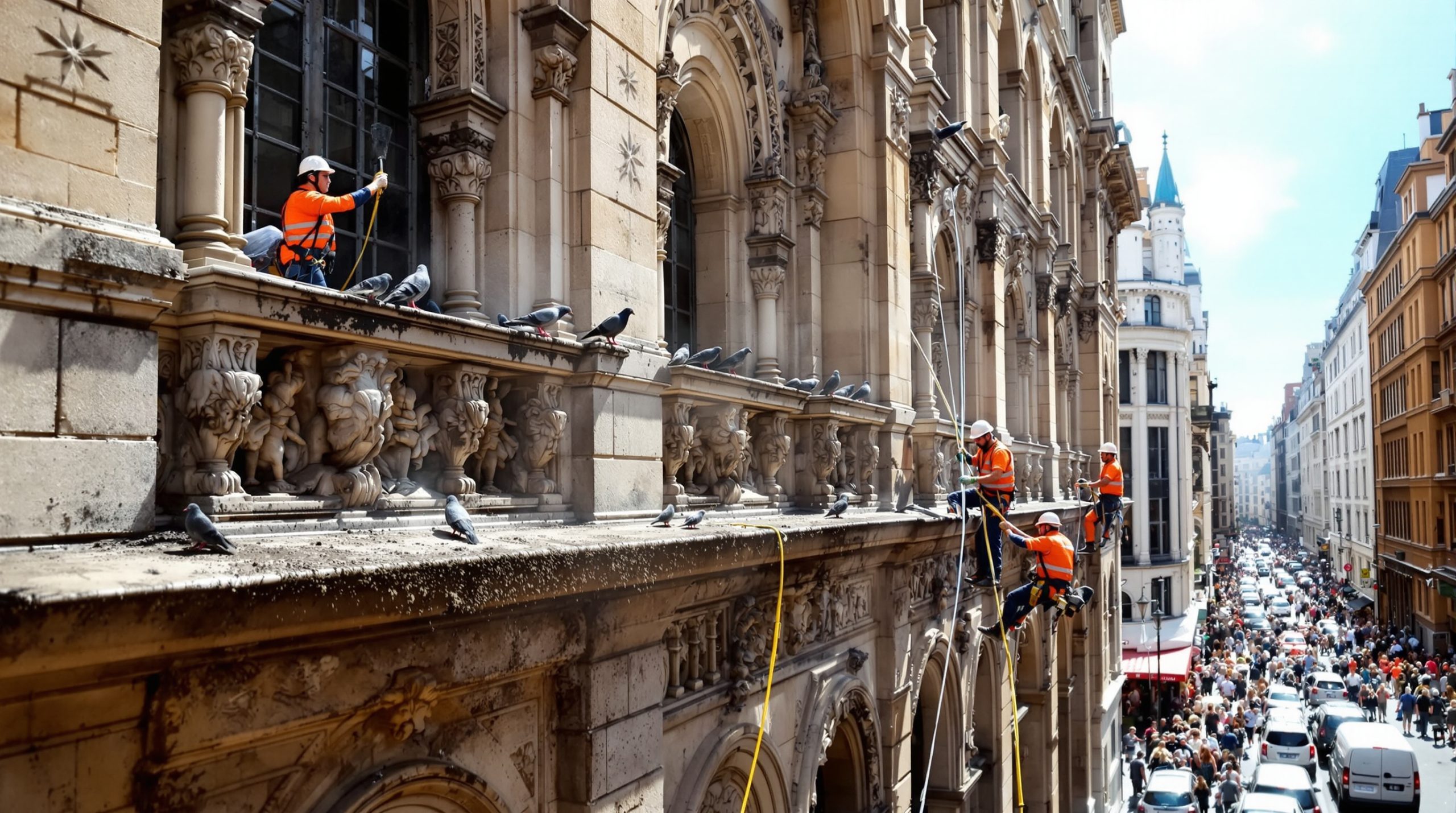 entreprise spécialisée dans le nettoyage des fientes de pigeons pour les bâtiments historiques, assurant protection et entretien respectueux du patrimoine.