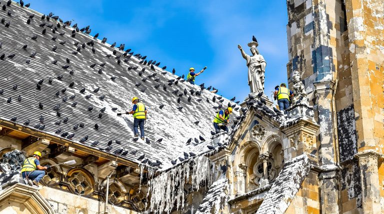 service professionnel de nettoyage des fientes de pigeons pour églises en charente maritime (17), assurant propreté et conservation du patrimoine.