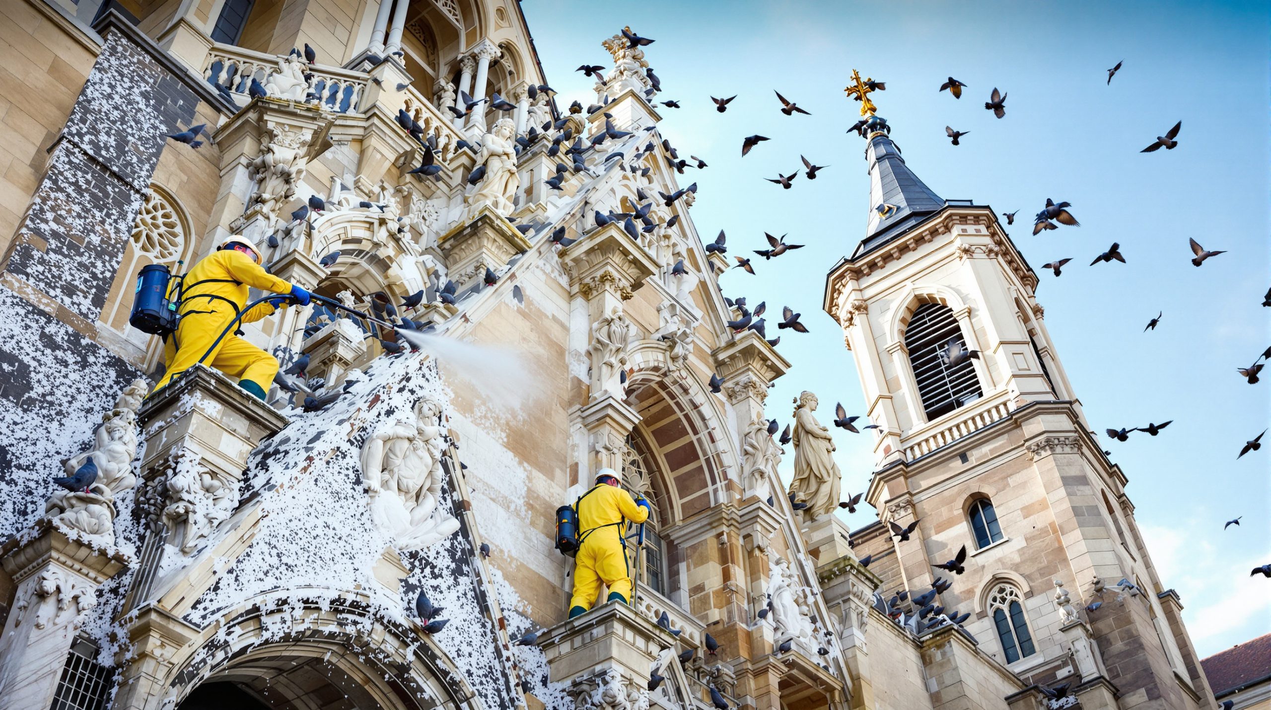service professionnel de nettoyage des fientes de pigeons pour églises en haute loire (43), garantissant propreté et préservation des bâtiments historiques.