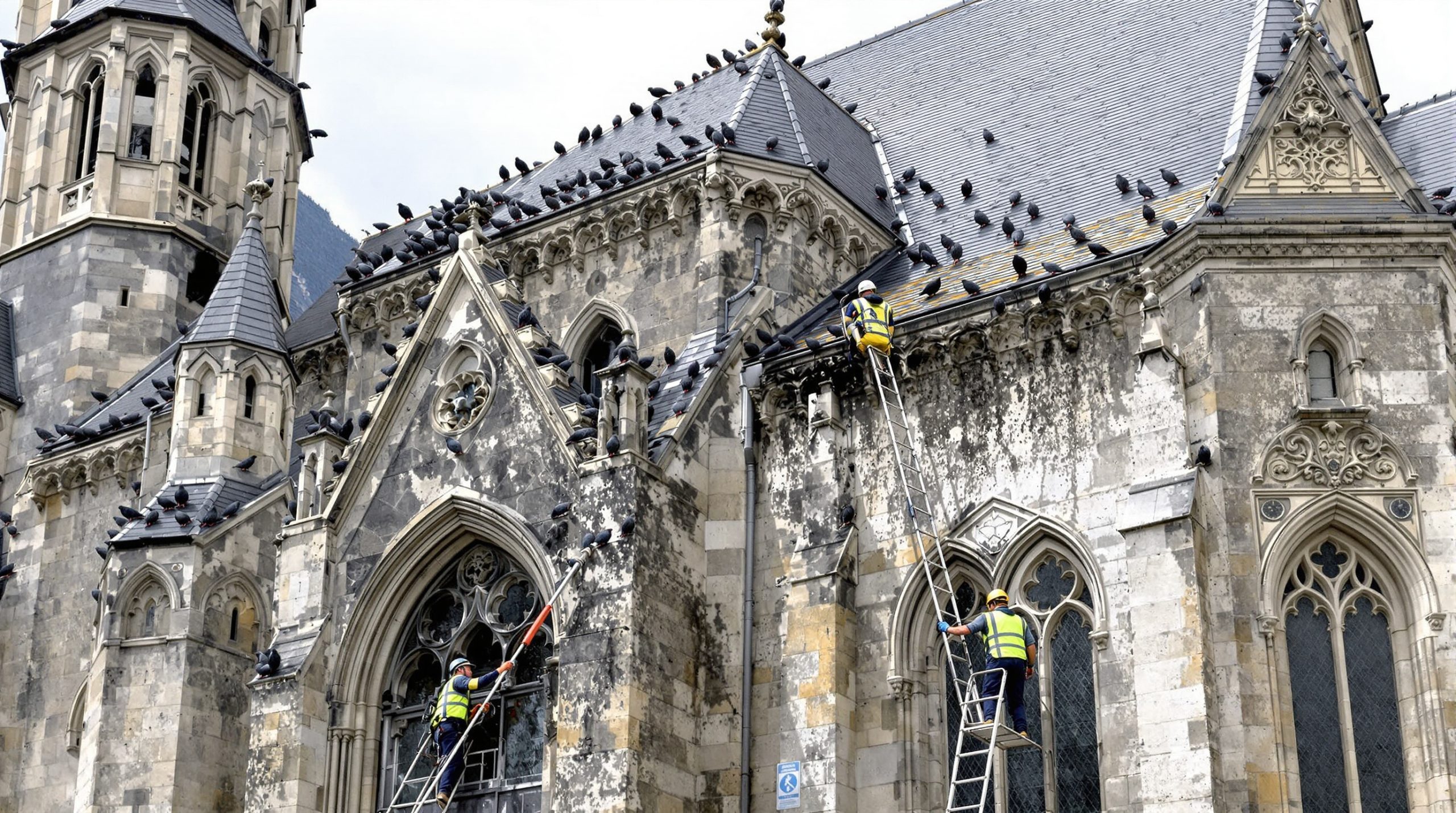 service professionnel de nettoyage des fientes de pigeons pour églises en haute-savoie (74). expertise et respect du patrimoine pour un lieu propre et sain.