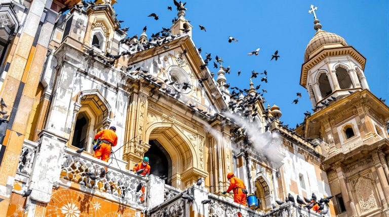 service professionnel de nettoyage des fientes de pigeons pour églises en inde (36). expertise et respect des lieux pour un environnement sain et préservé.