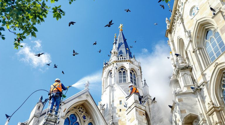 entreprise spécialisée dans le nettoyage des fientes de pigeons pour églises en marne (51). service professionnel, rapide et efficace pour préserver vos bâtiments religieux.
