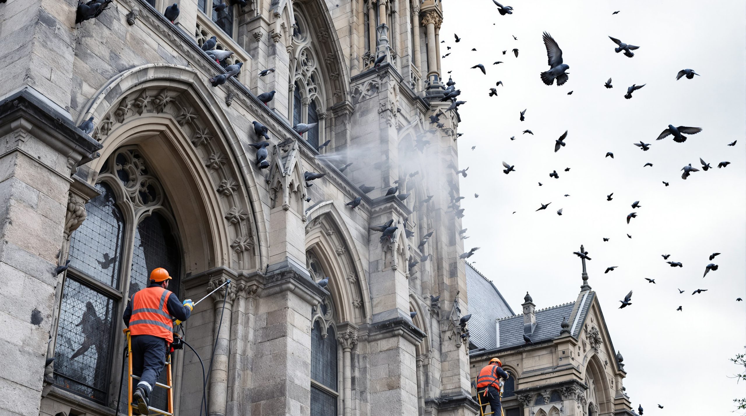 service professionnel de nettoyage des fientes de pigeons pour églises dans le nord (59). protection et entretien pour préserver vos bâtiments historiques.