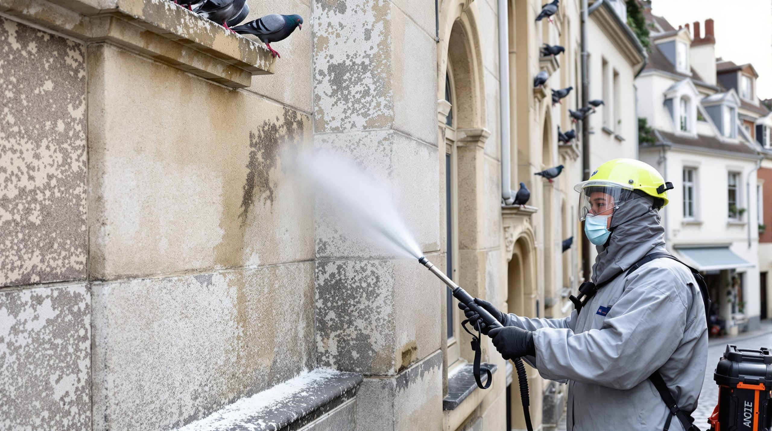 service professionnel de nettoyage haute pression spécialisé dans l'élimination des fientes de pigeons dans l'ain (01). nettoyage efficace et respectueux de l'environnement pour préserver vos surfaces.
