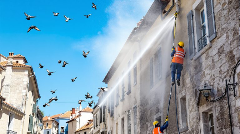 entreprise spécialisée en nettoyage haute pression des fientes de pigeons dans les alpes maritimes (06). service efficace et professionnel pour protéger vos façades et espaces extérieurs.