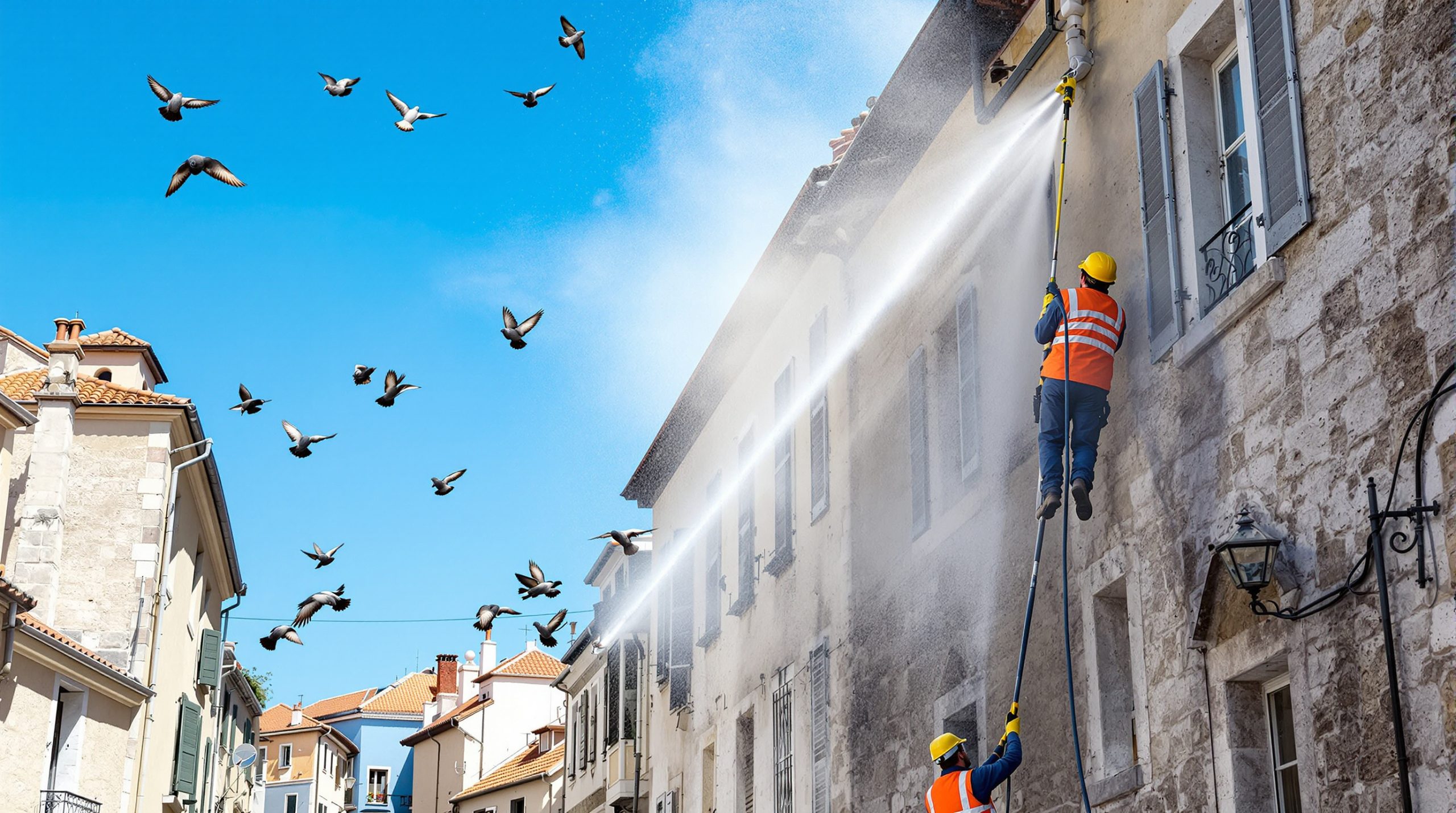 entreprise spécialisée en nettoyage haute pression des fientes de pigeons dans les alpes maritimes (06). service efficace et professionnel pour protéger vos façades et espaces extérieurs.