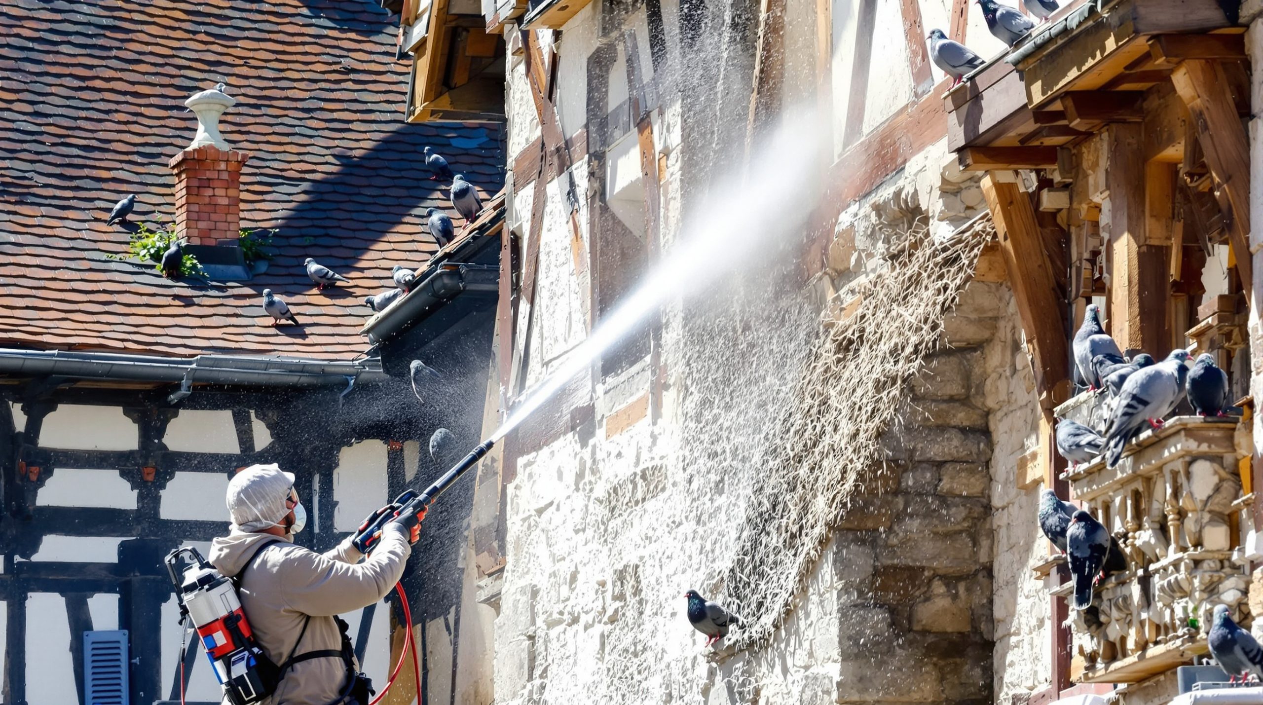 entreprise spécialisée en nettoyage haute pression pour enlever efficacement les fientes de pigeons dans le bas-rhin (67). service professionnel et rapide pour préserver vos façades et équipements.