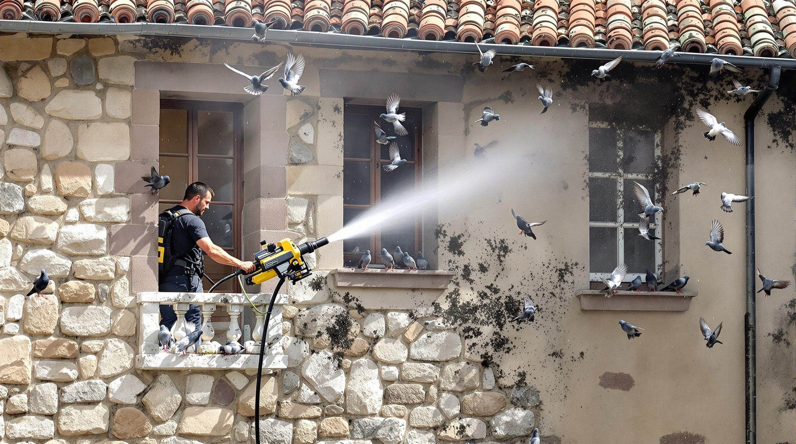 entreprise de nettoyage haute pression spécialisée dans l'élimination des fientes de pigeons en corrèze (19). service professionnel pour préserver la propreté et la santé de vos bâtiments.