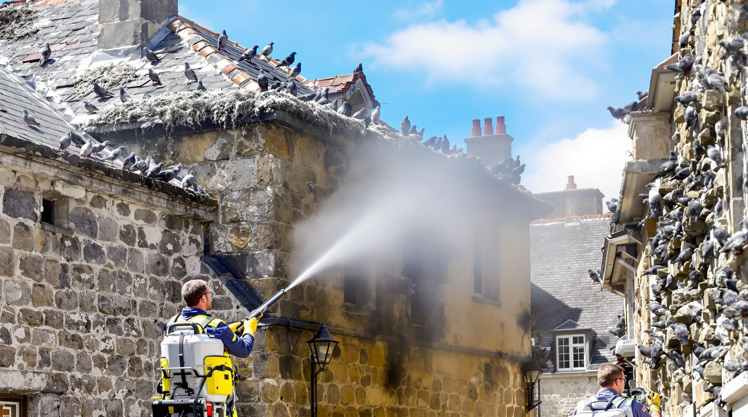 entreprise spécialisée dans le nettoyage haute pression pour éliminer les fientes de pigeons en côte d’armor (22), assurant propreté et hygiène de vos bâtiments.