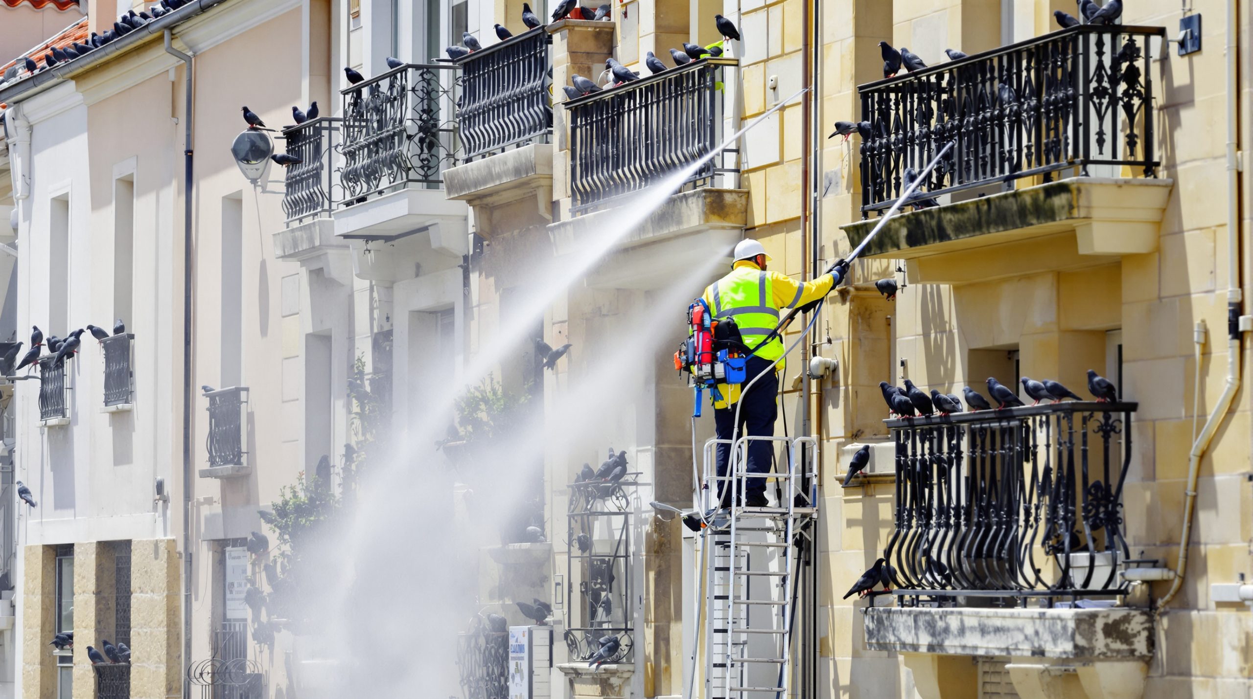 entreprise spécialisée en nettoyage haute pression pour éliminer efficacement les fientes de pigeons en gironde (33). service professionnel et rapide pour la propreté de vos façades et toitures.