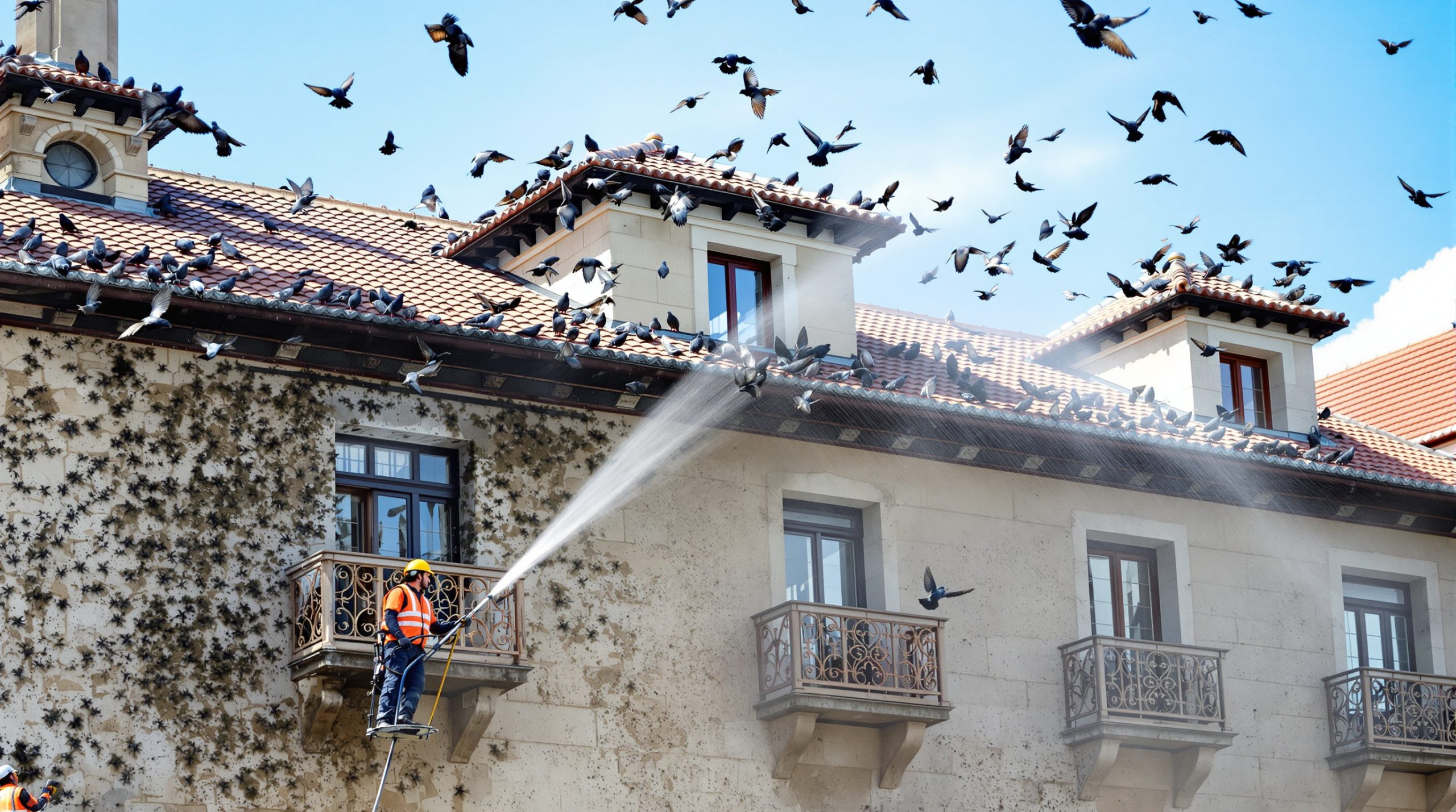 entreprise spécialisée en nettoyage haute pression pour éliminer les fientes de pigeons en loire atlantique (44). service efficace et professionnel pour préserver la propreté de vos surfaces.