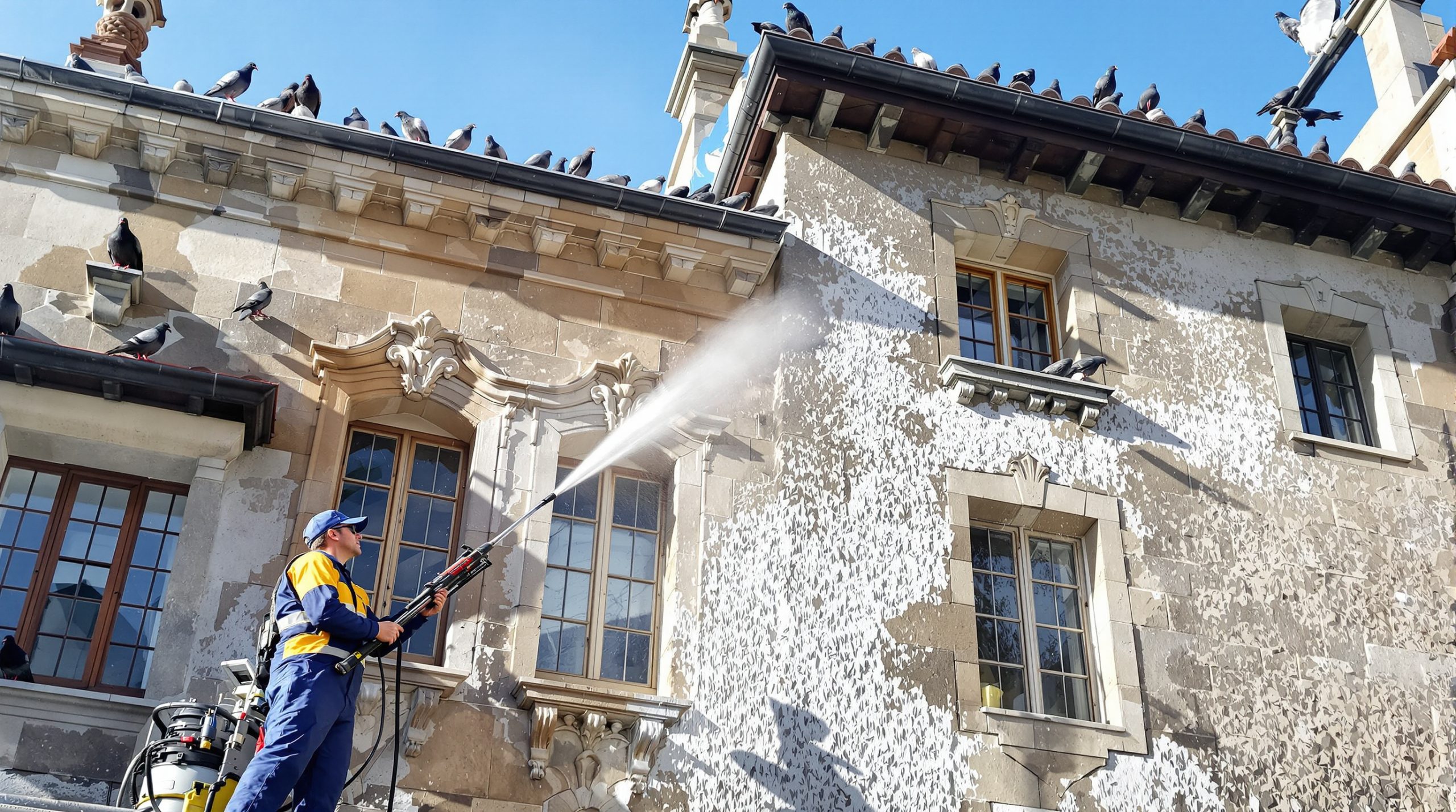 entreprise spécialisée en nettoyage haute pression pour éliminer efficacement les fientes de pigeons en lozère (48). service professionnel et respectueux de l'environnement.