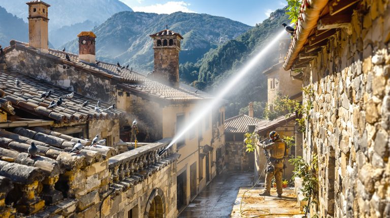 entreprise spécialisée en nettoyage haute pression pour éliminer efficacement les fientes de pigeons dans les pyrénées-atlantiques (64). service professionnel et durable pour la propreté de vos bâtiments.
