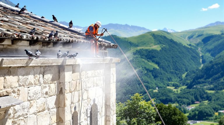 entreprise spécialisée en nettoyage haute pression en savoie (73), expert dans l'élimination des fientes de pigeons pour un environnement propre et sain.