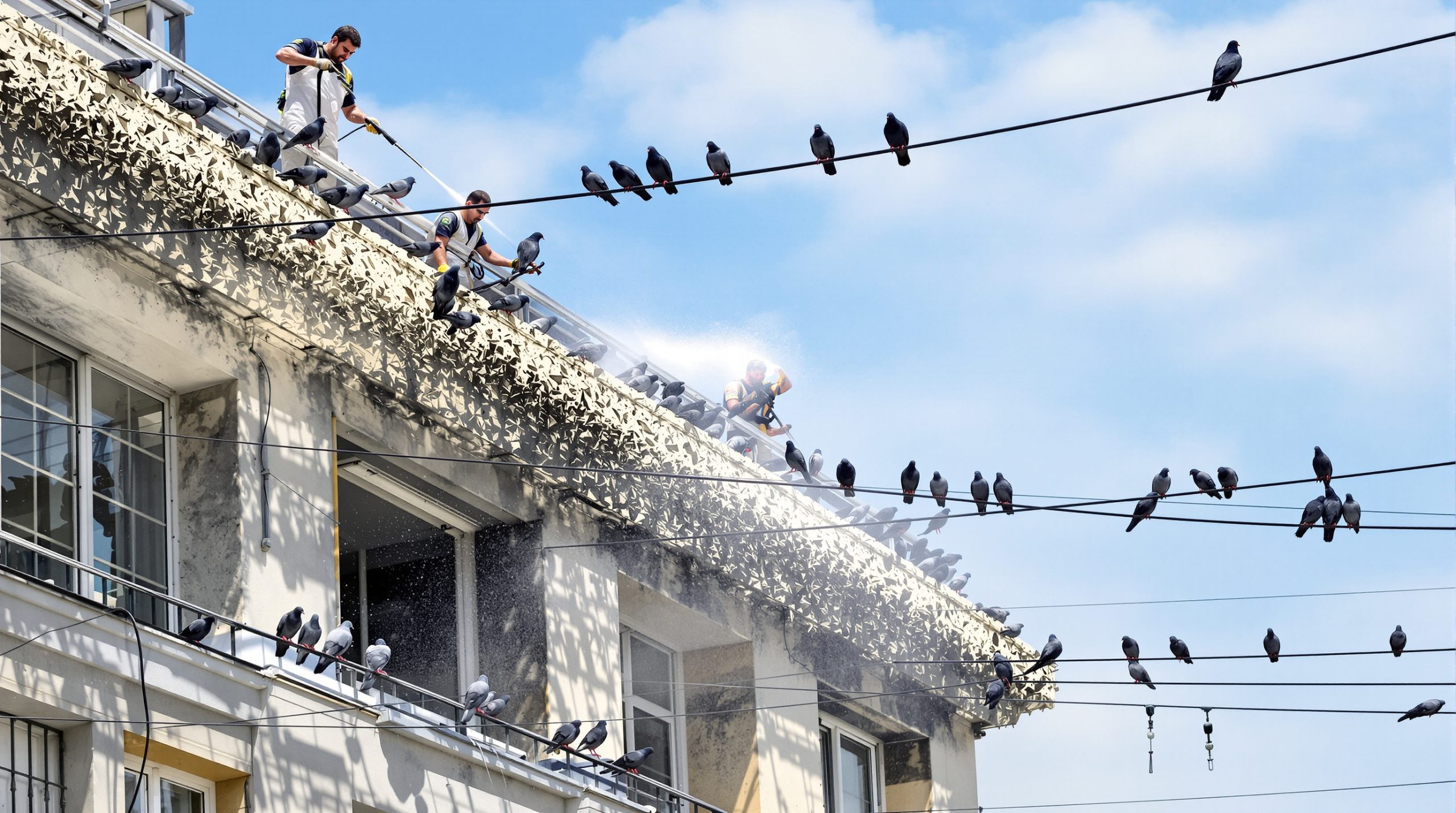 service professionnel de nettoyage haute pression spécialisé dans l’élimination des fientes de pigeons en seine-maritime (76) pour des surfaces propres et protégées.